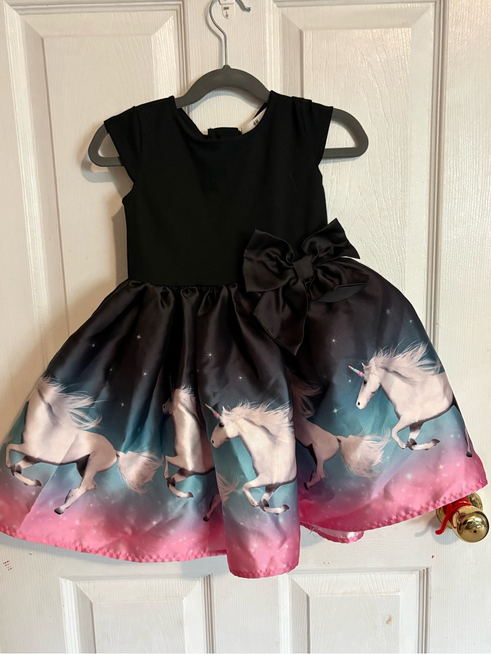 H&M Black Unicorn Print Party Dress with Pink and Blue Skirt